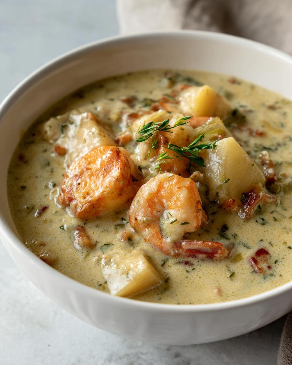Creamy seafood chowder with shrimp, cod, potatoes, and herbs served in a white bowl