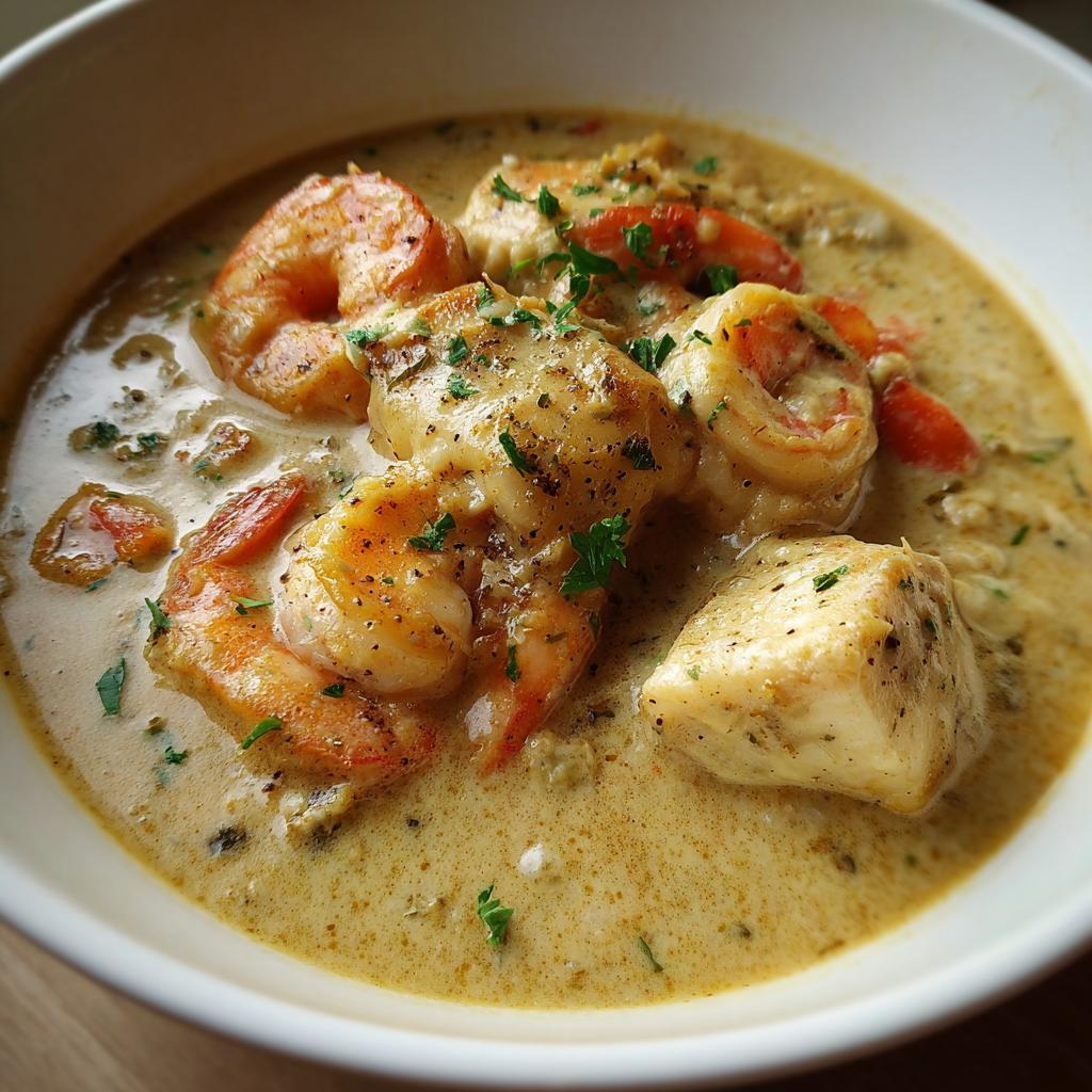 Close-up of creamy seafood chowder with shrimp, cod chunks, and herbs in a bowl.