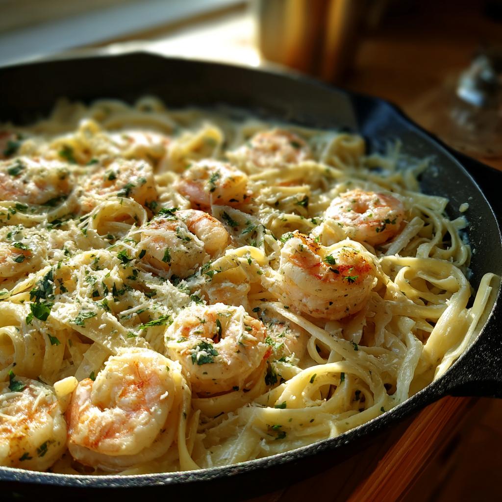Close-up of creamy shrimp alfredo pasta skillet with linguine, shrimp, and parsley in a cast iron pan.