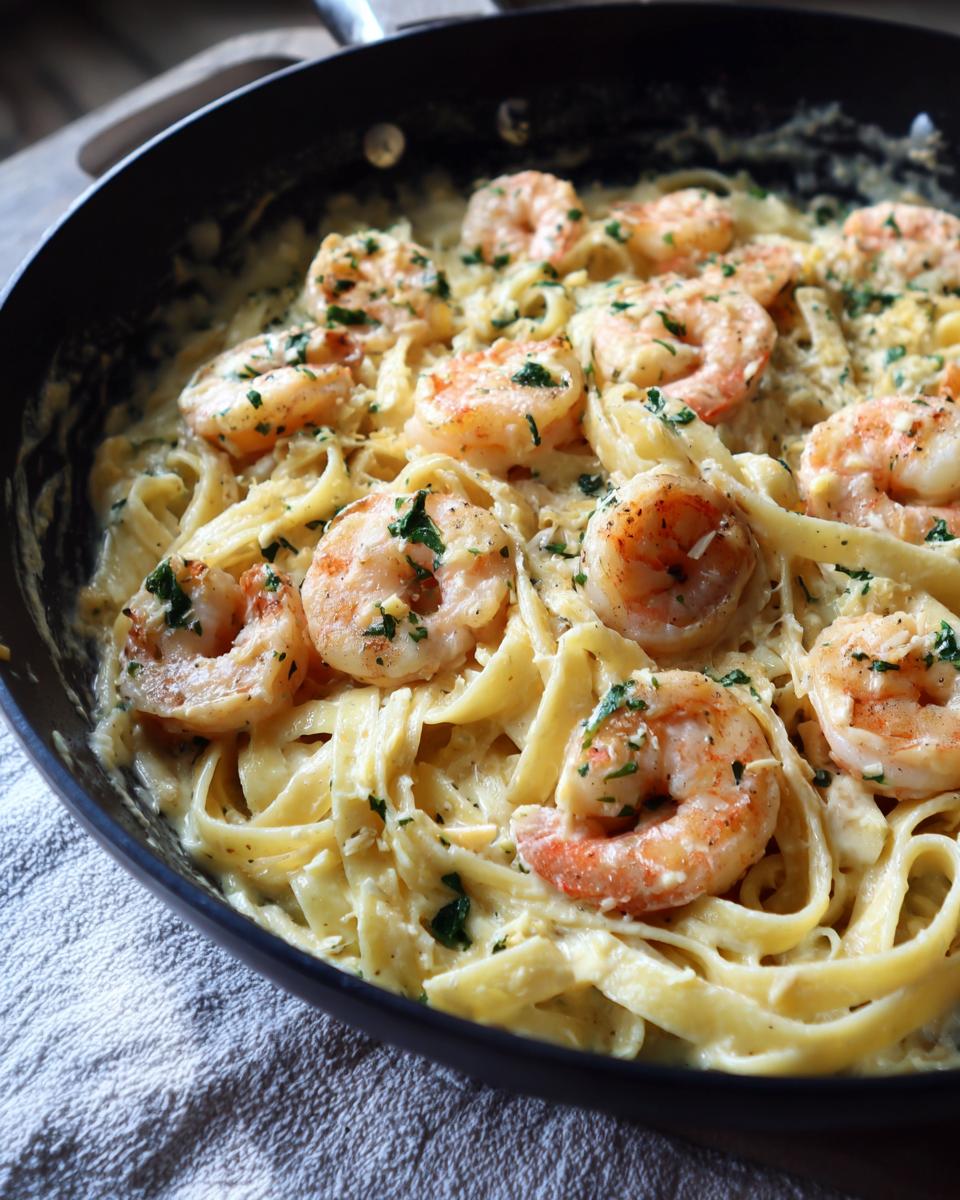 Skillet with creamy shrimp alfredo pasta skillet garnished with herbs.