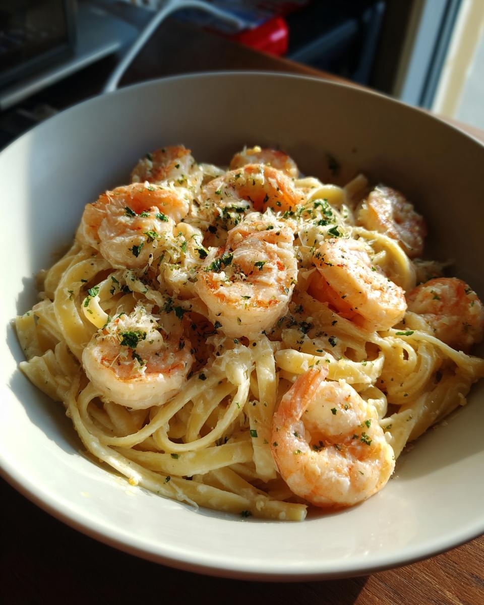 Bowl of creamy shrimp alfredo pasta skillet with parsley garnish