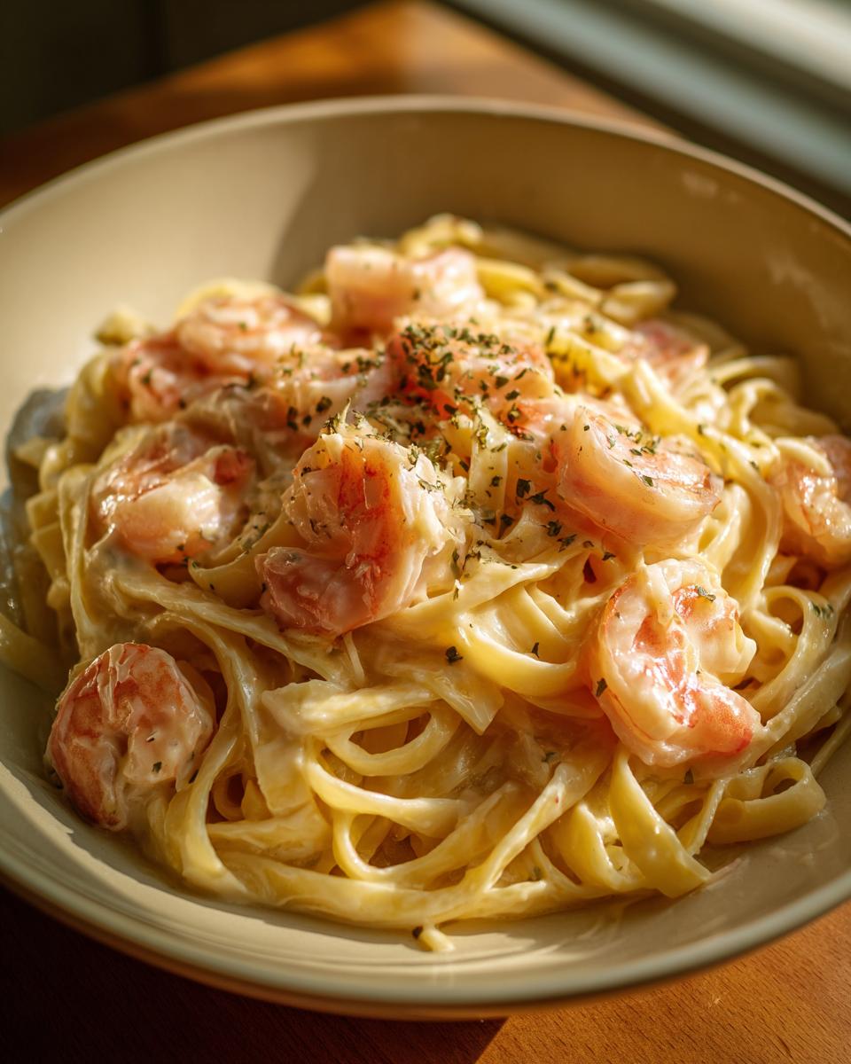 Bowl of creamy shrimp alfredo pasta skillet with shrimp and fettuccine noodles garnished with herbs.