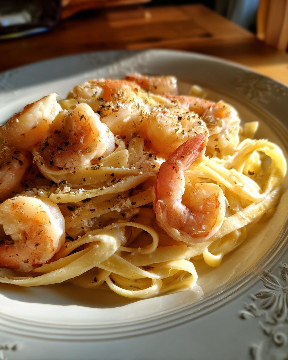 Plate of creamy shrimp alfredo pasta skillet with seasoned shrimp and fettuccine pasta