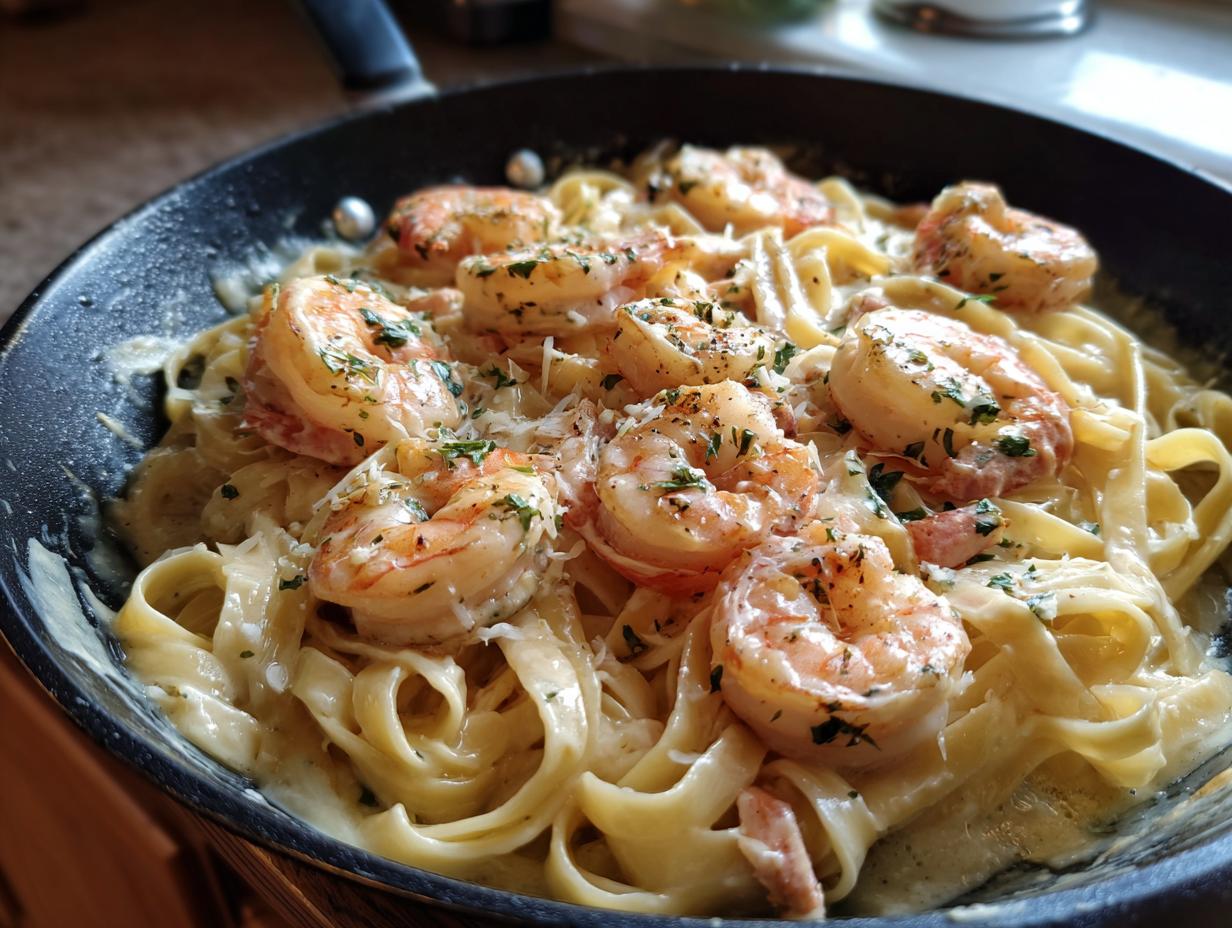 Skillet with creamy shrimp alfredo pasta skillet garnished with herbs and grated cheese