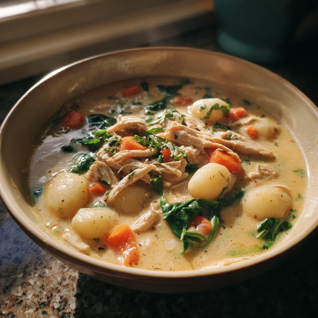 Bowl of creamy slow cooker chicken and gnocchi soup with carrots and spinach