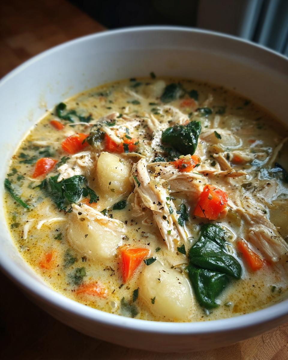 Bowl of creamy slow cooker chicken and gnocchi soup with spinach and carrots