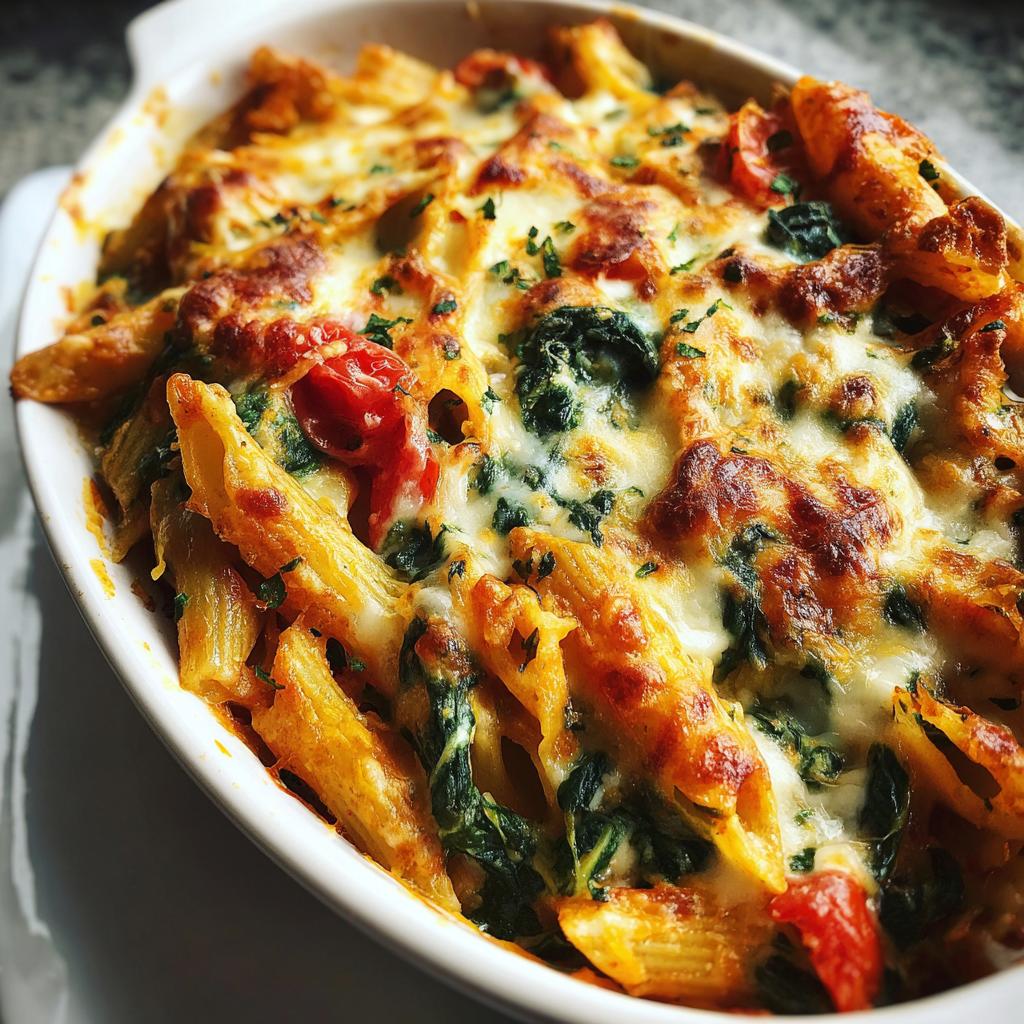 Close-up of creamy spinach and tomato baked pasta topped with melted cheese and fresh herbs.
