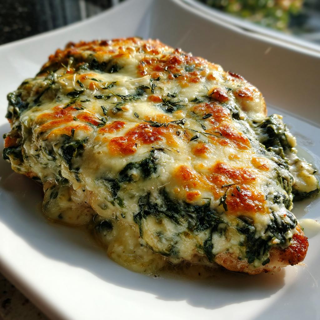 Close-up of creamy spinach artichoke chicken topped with melted cheese on a white plate.