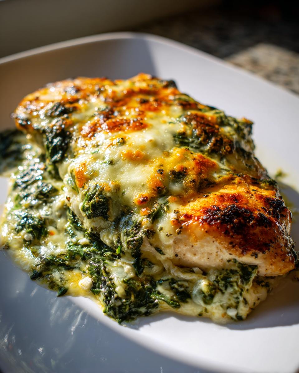 Close-up of creamy spinach artichoke chicken with melted cheese on a white plate.
