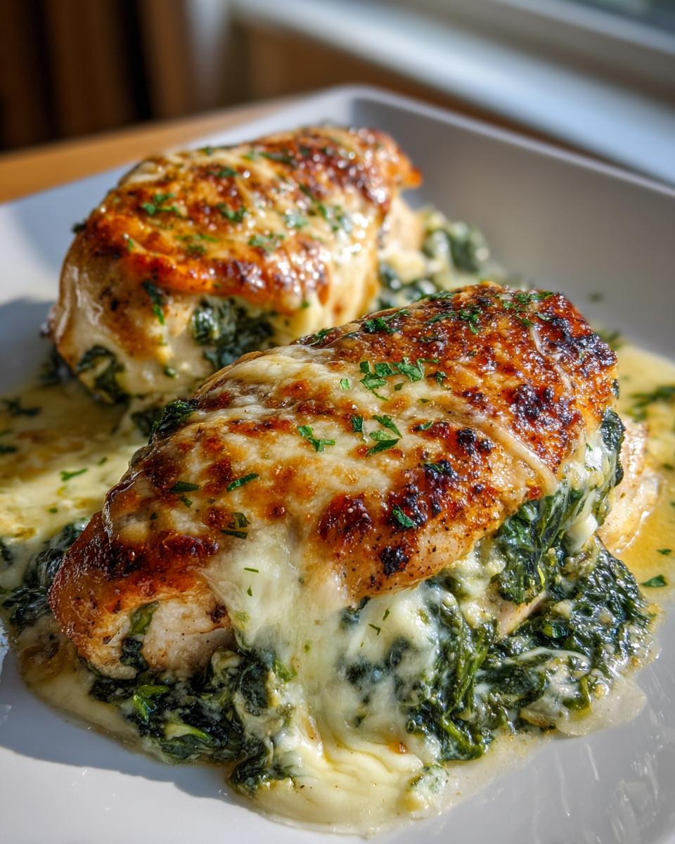 Two creamy spinach artichoke chicken breasts garnished with herbs on a white plate.
