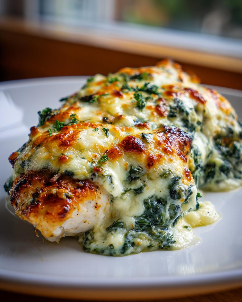 Close-up of creamy spinach artichoke chicken with melted cheese on a white plate.