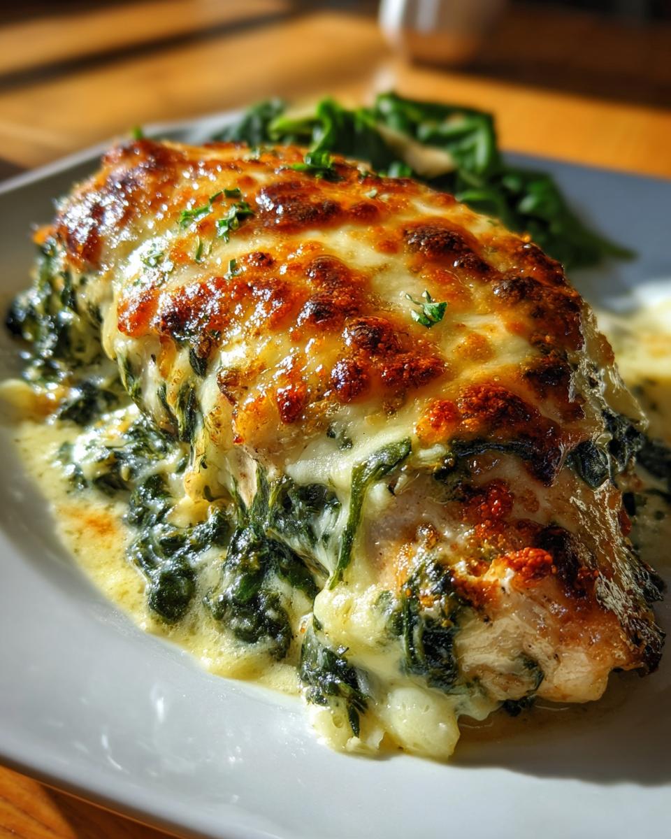 Close-up of creamy spinach artichoke chicken with melted cheese and cooked spinach on a plate.