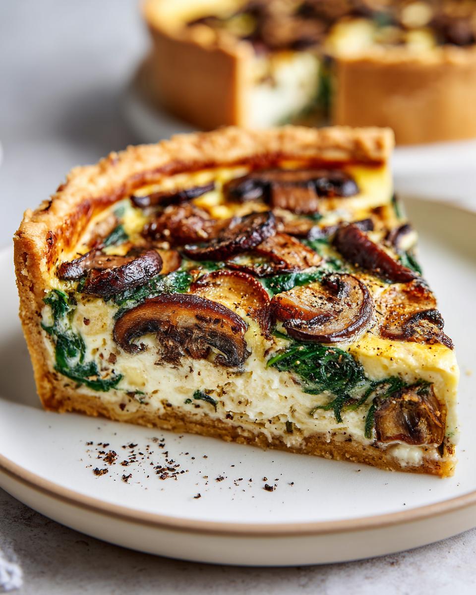 Close-up of creamy spinach mushroom quiche slice with golden crust on white plate
