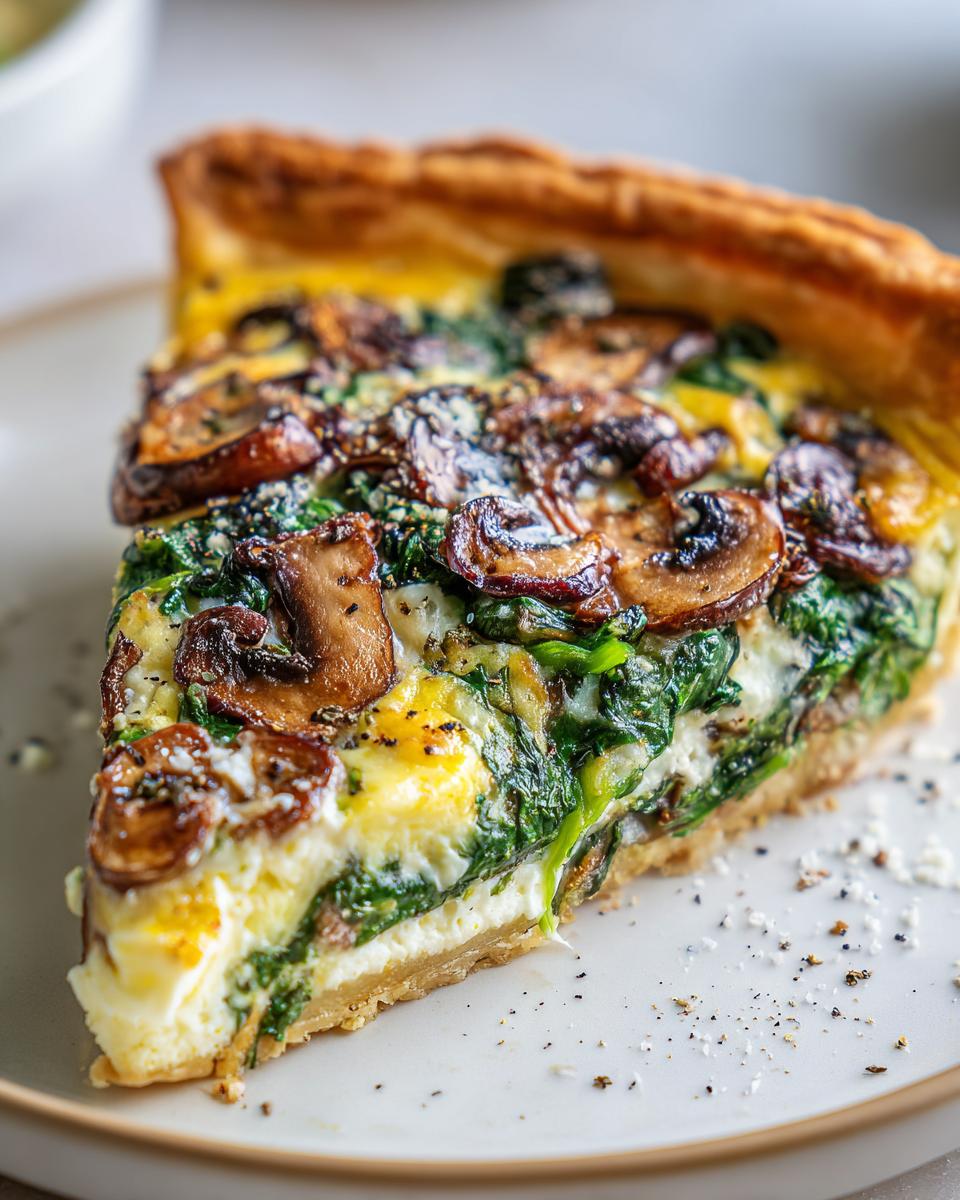 Close-up of a spinach mushroom quiche slice with a golden crust on a plate.