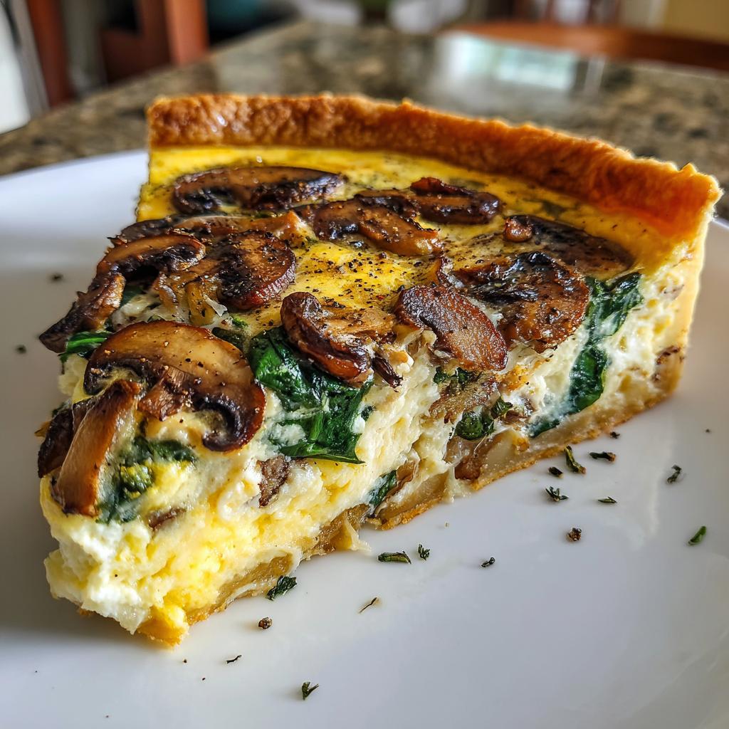 A close-up of a creamy spinach mushroom quiche slice topped with sautéed mushrooms.