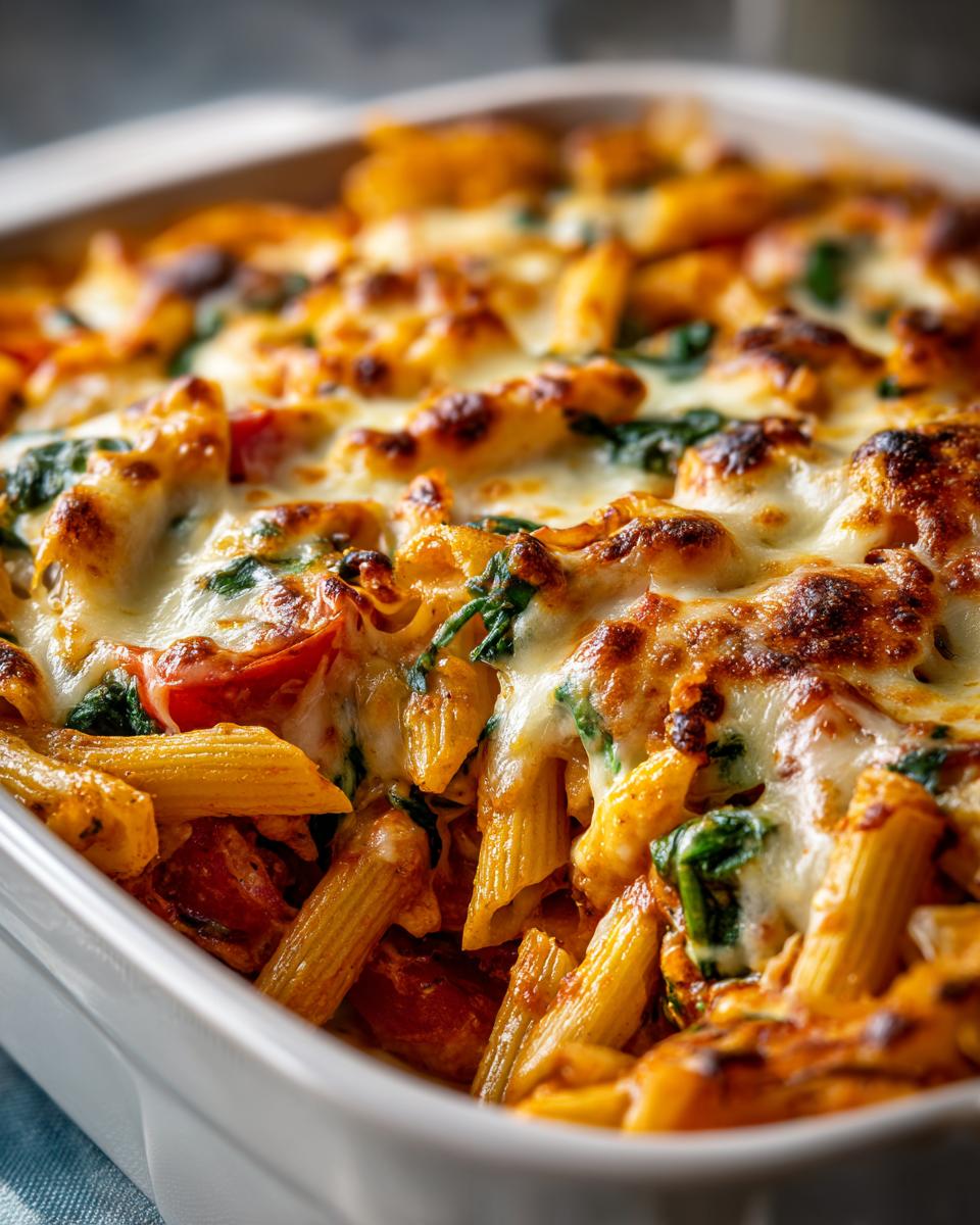 Close-up of creamy spinach and tomato baked pasta with melted cheese in a casserole dish