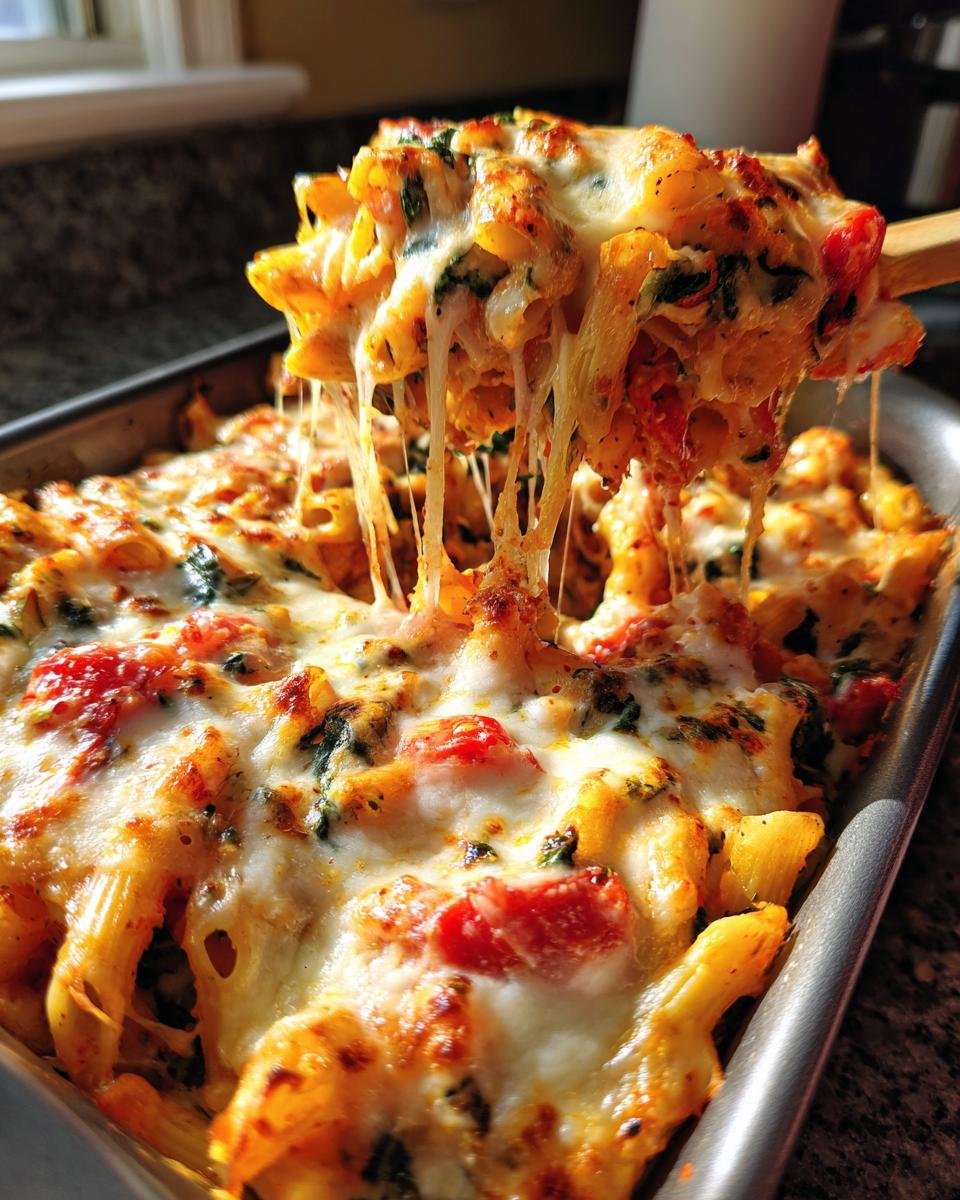 Close-up of creamy spinach and tomato baked pasta with melted cheese being scooped from pan.