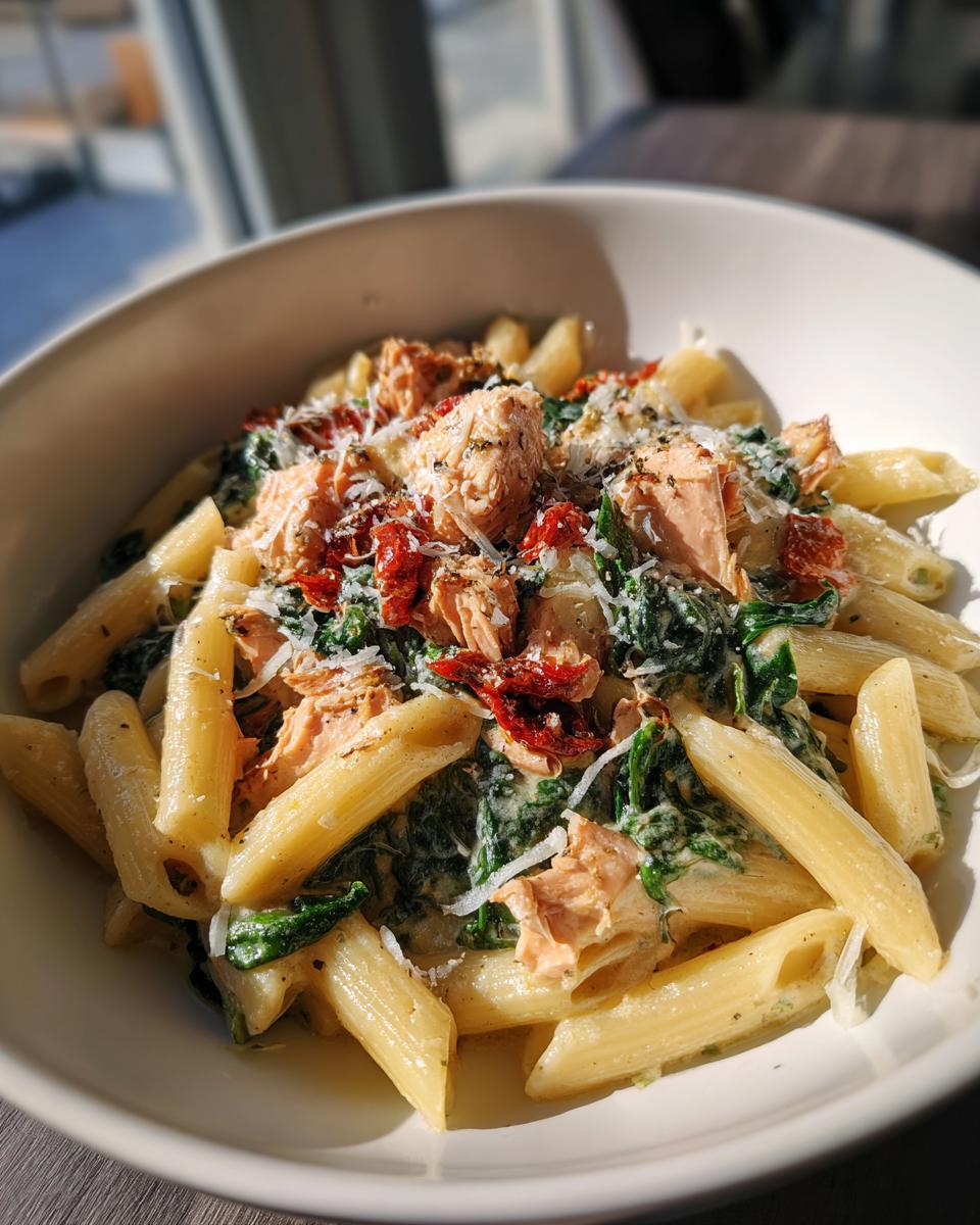 Bowl of creamy tuscan salmon pasta with penne, spinach, sun-dried tomatoes, and grated cheese.