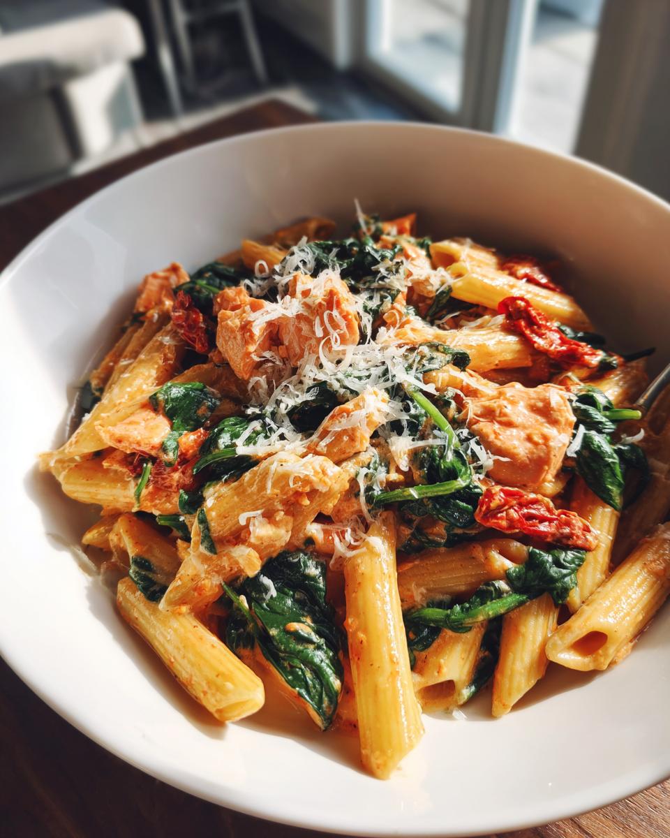 Close-up of creamy tuscan salmon pasta recipe with rigatoni, spinach, sun-dried tomatoes, and grated cheese