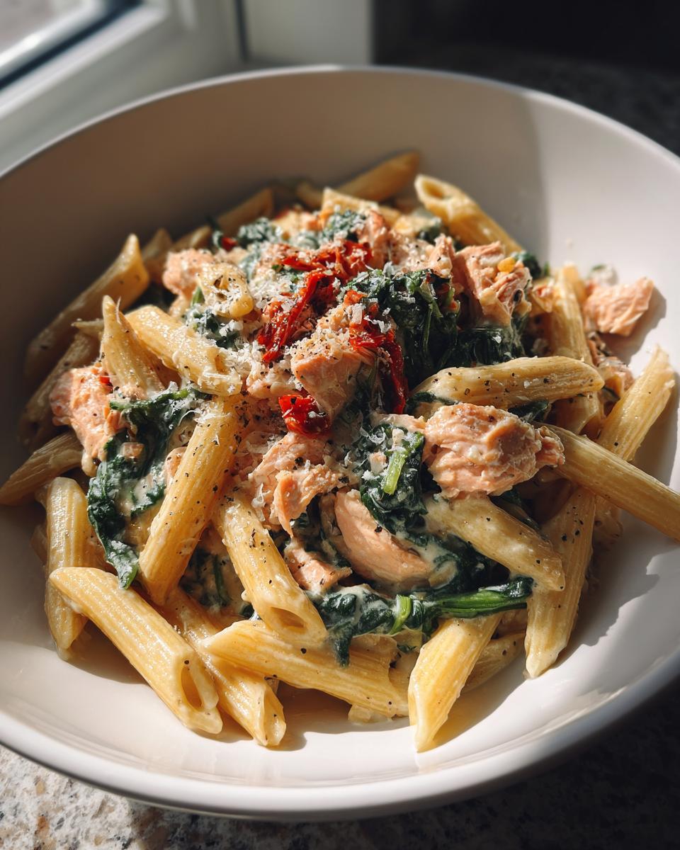 Bowl of creamy tuscan salmon pasta recipe with penne, spinach, sun-dried tomatoes, and salmon chunks