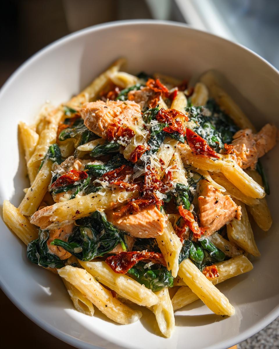 Creamy tuscan salmon pasta recipe with penne, spinach, sun-dried tomatoes, and salmon pieces
