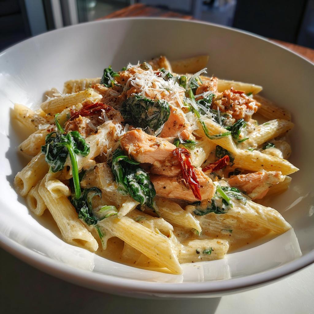 Creamy tuscan salmon pasta recipe with penne, spinach, salmon, and sun-dried tomatoes in a white bowl.