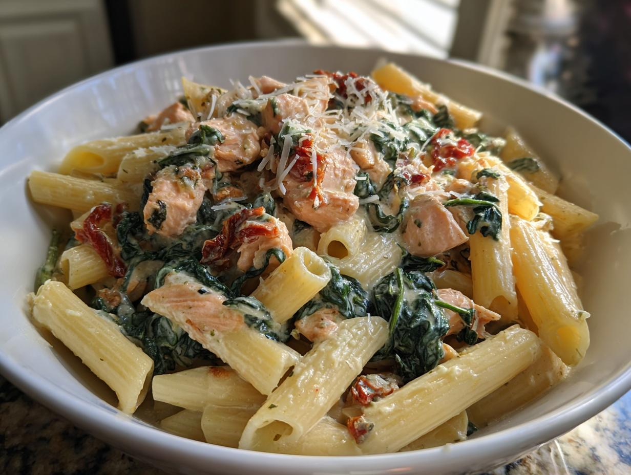 Creamy tuscan salmon pasta recipe with rigatoni, spinach, sun-dried tomatoes, and parmesan cheese.