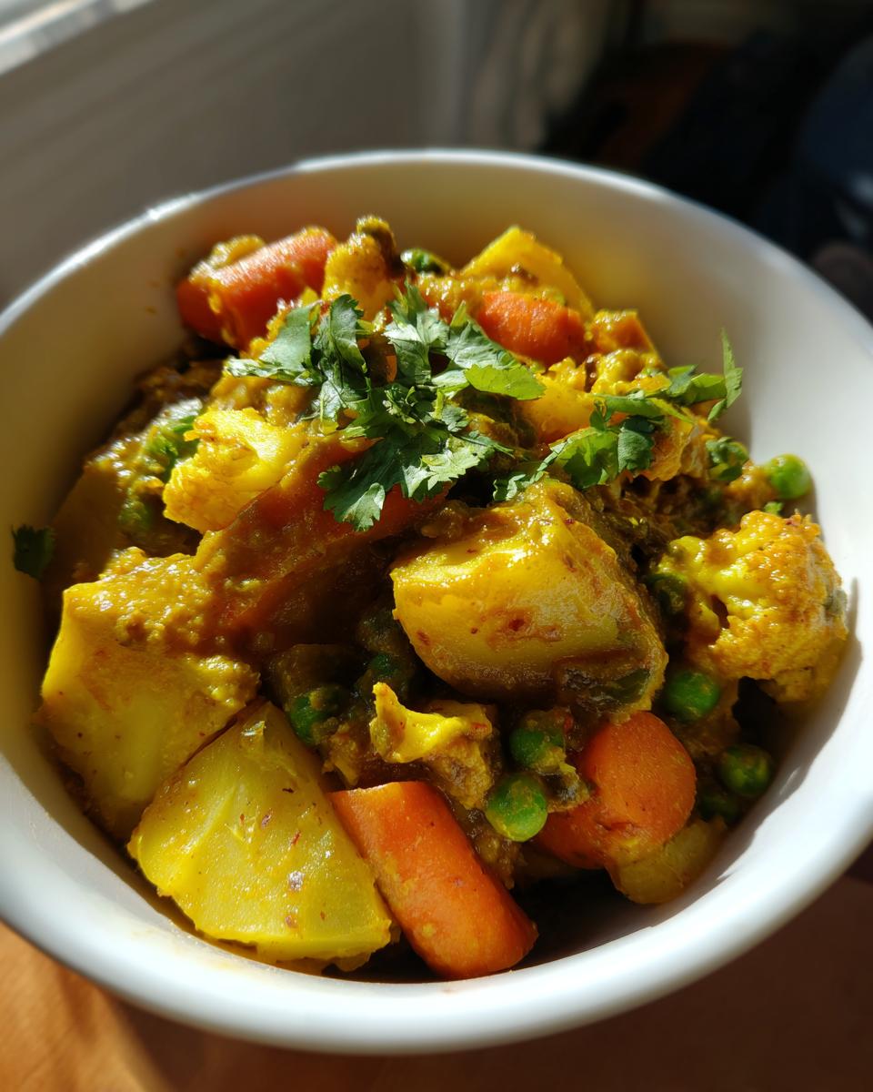 Close-up of creamy vegetable korma with carrots, peas, potatoes, and garnished with cilantro