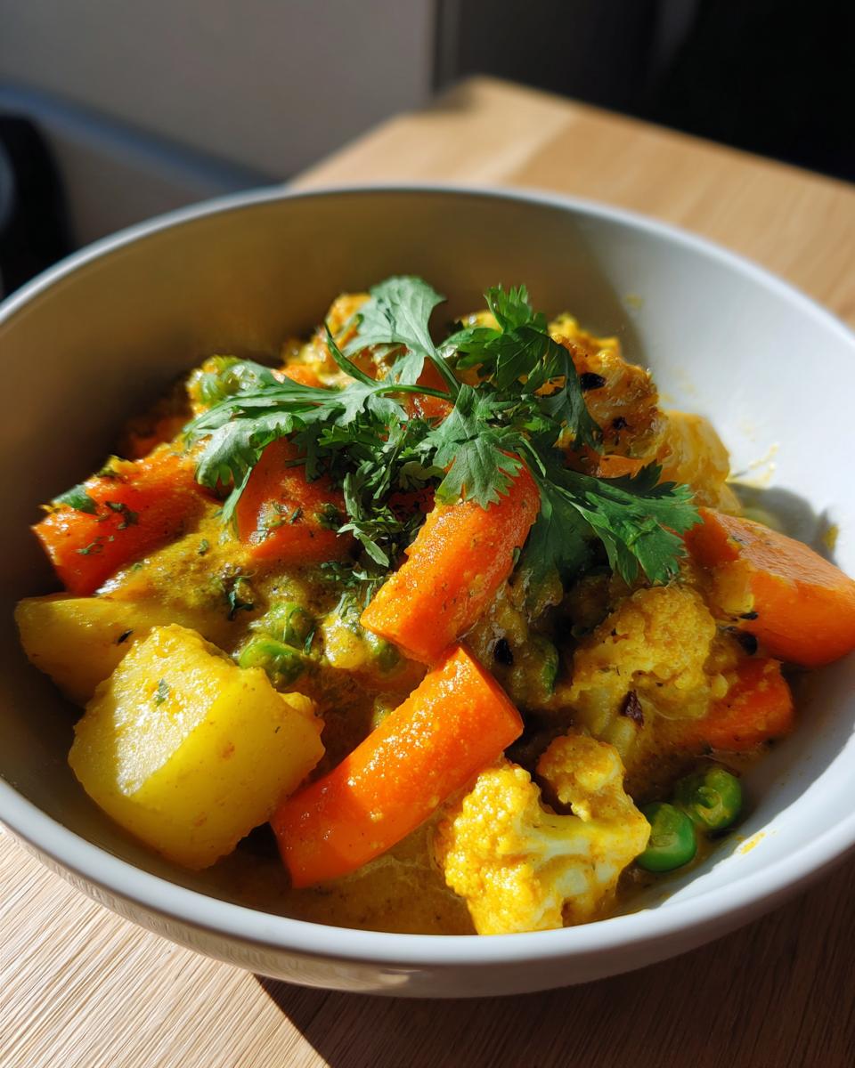 Bowl of creamy vegetable korma with carrots, potatoes, cauliflower, peas, and cilantro garnish