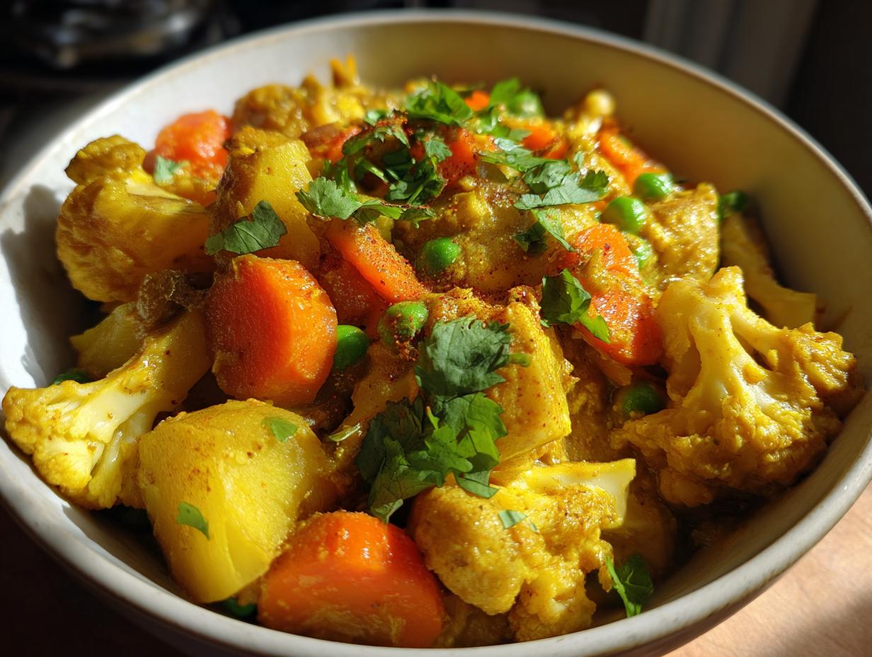 Bowl of creamy vegetable korma with carrots, potatoes, cauliflower, peas, and cilantro garnish