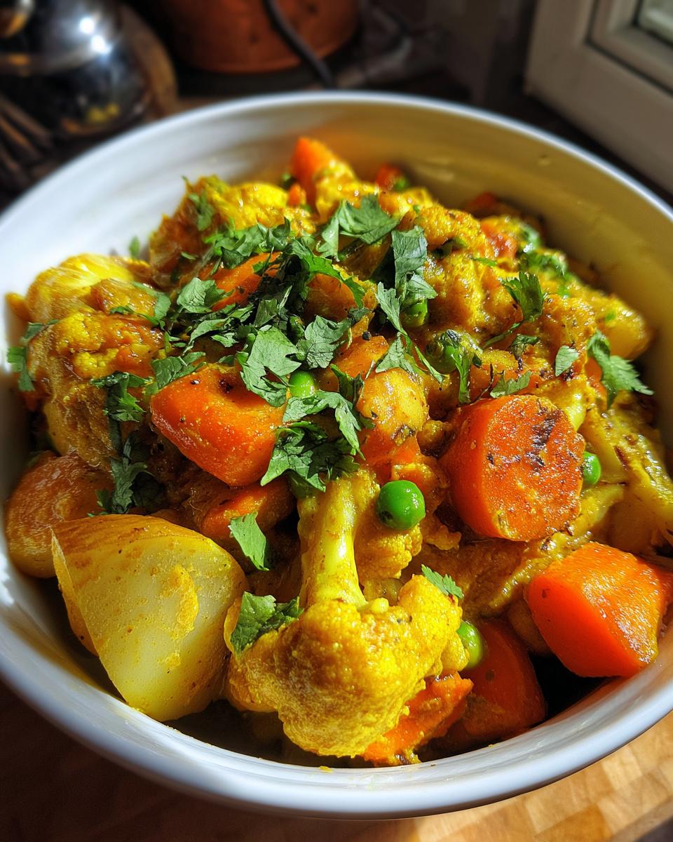 Bowl of creamy vegetable korma with carrots, cauliflower, peas, and fresh cilantro garnish