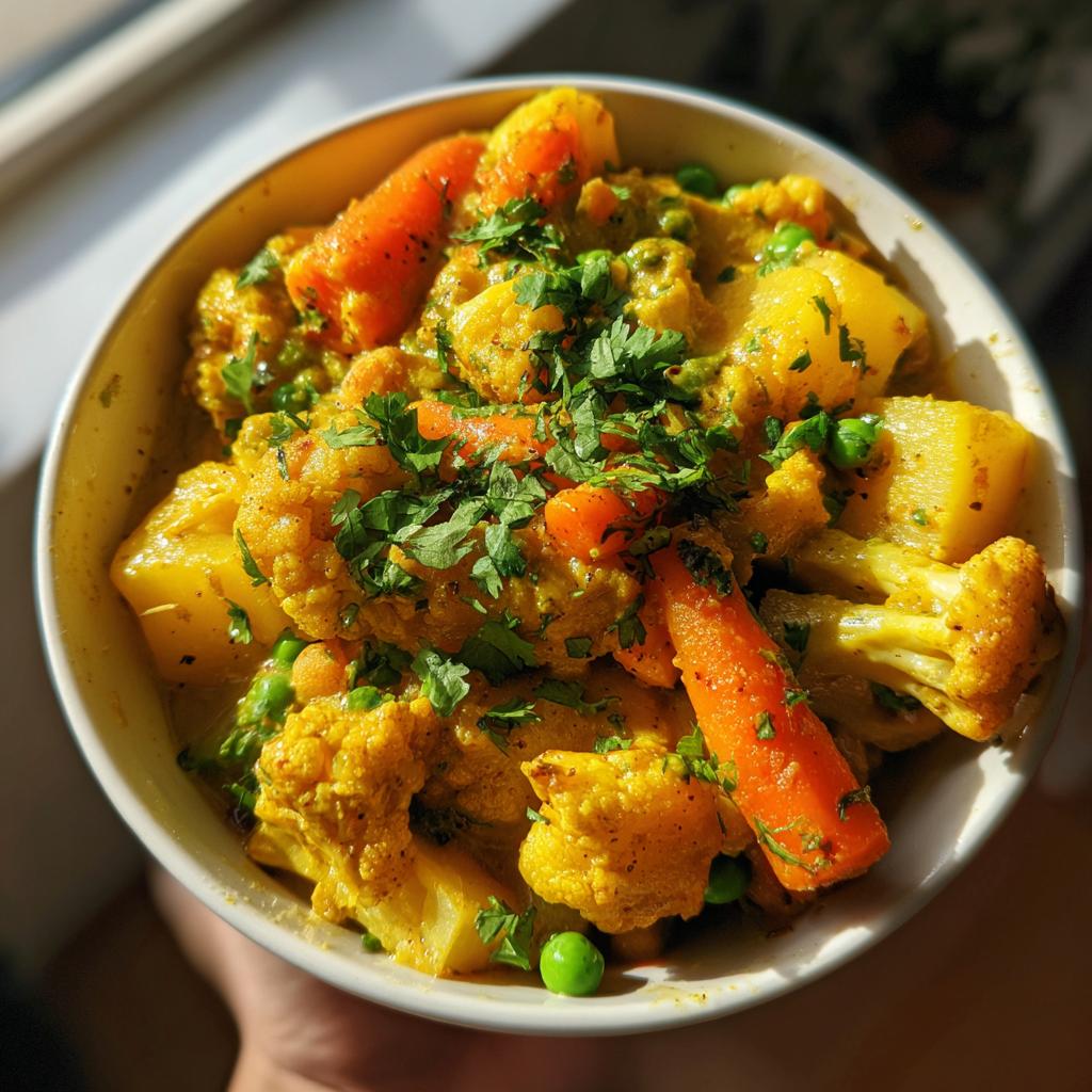 Bowl of creamy vegetable korma with carrots, potatoes, peas, cauliflower, and cilantro garnish
