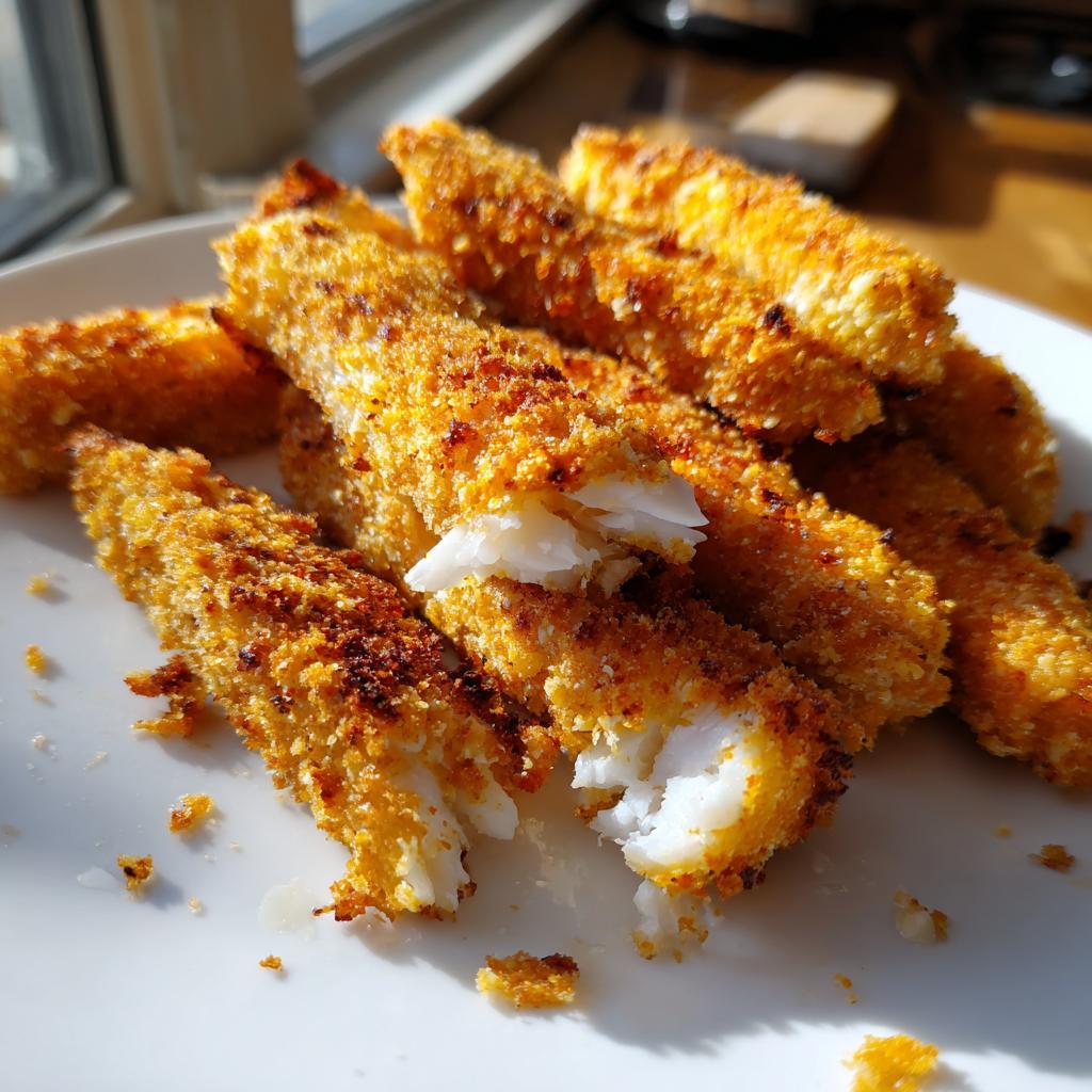 Close-up of golden crispy baked fish sticks with flaky white fish inside on a white plate.