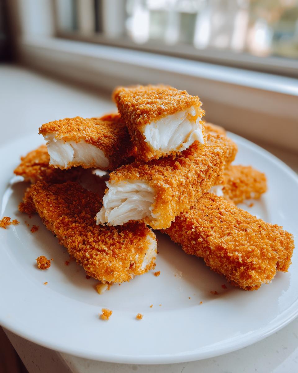 Crispy baked fish sticks with golden breading stacked on a white plate near a window.