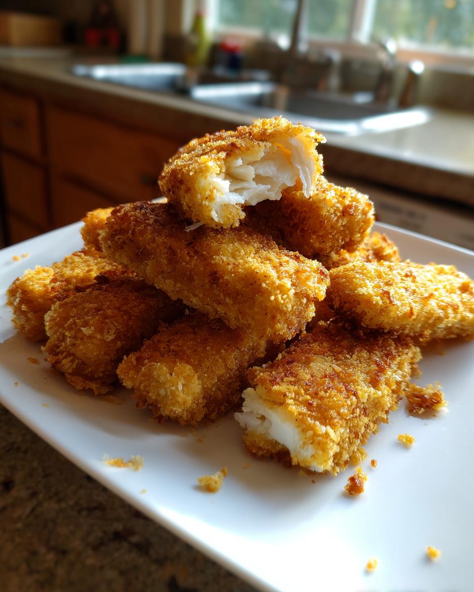 Close-up of golden crispy baked fish sticks stacked on a white plate with flaky white fish inside.