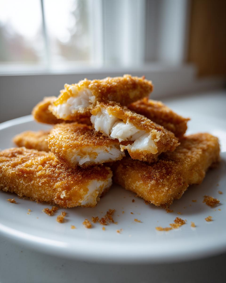 Close-up of crispy baked fish sticks with flaky white fish inside on a white plate.