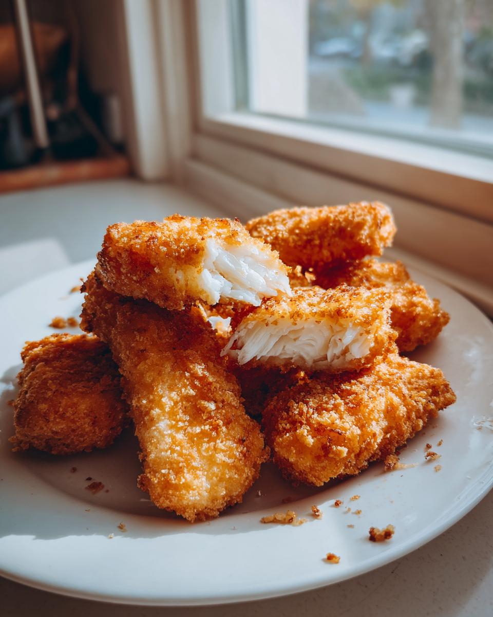 Close-up of crispy golden baked fish sticks with flaky white fish inside on a white plate.