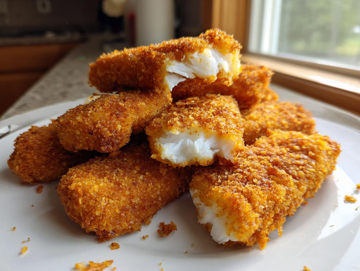 Close-up of crispy baked fish sticks with golden breading on a white plate.