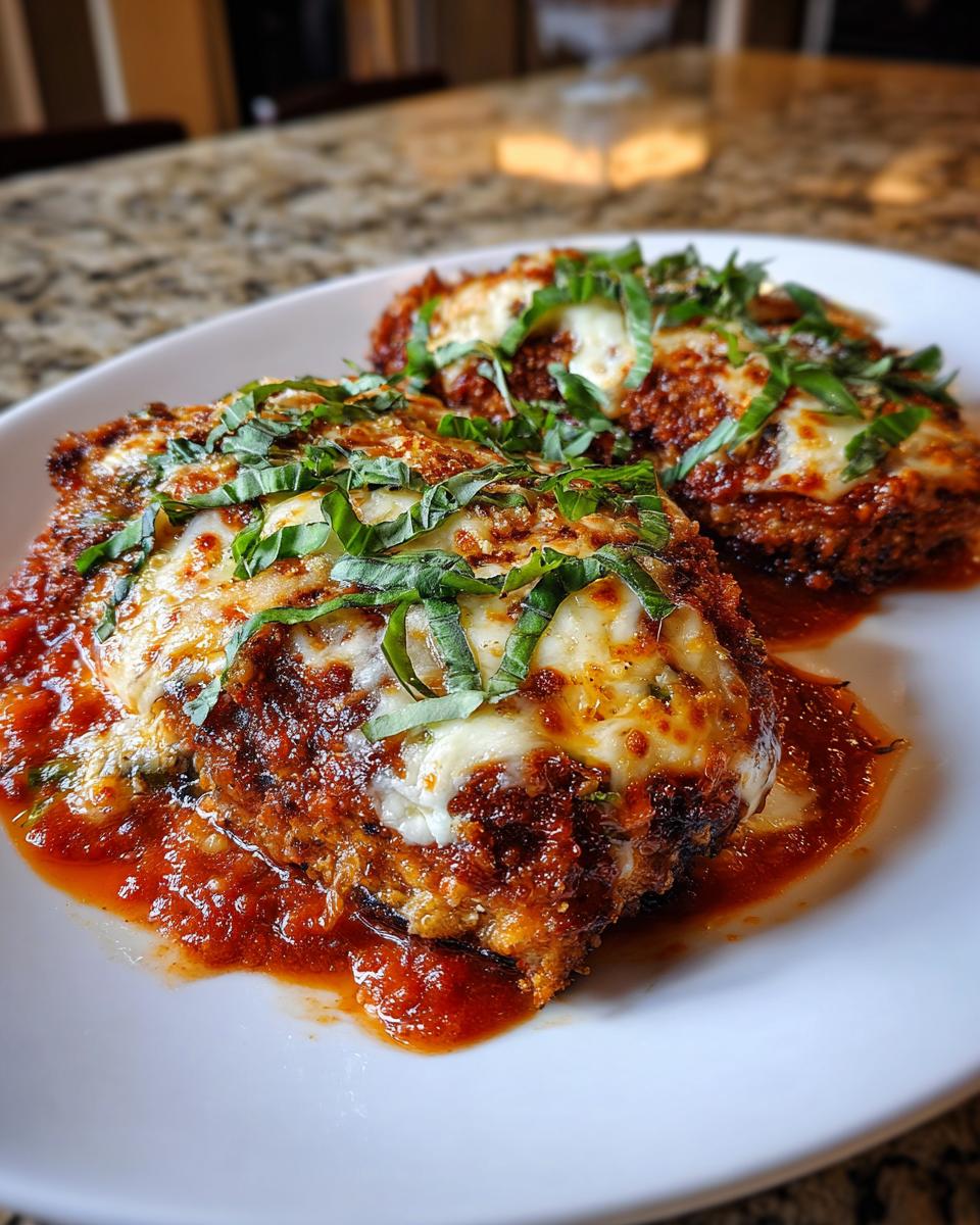 Close-up of crispy eggplant parmesan topped with melted cheese and fresh basil on a white plate.