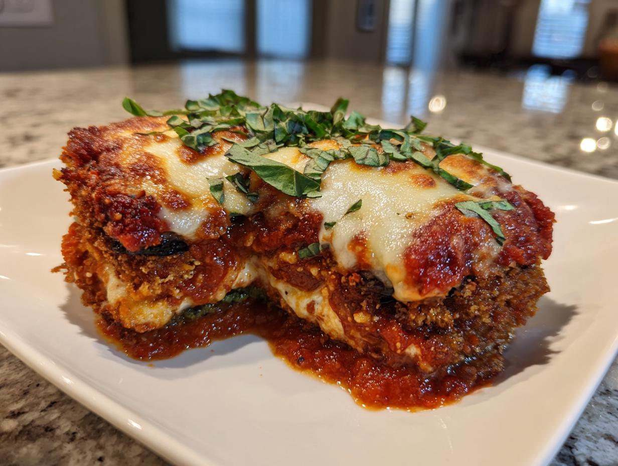 Close-up of crispy eggplant parmesan topped with melted cheese and fresh chopped basil on a white plate.
