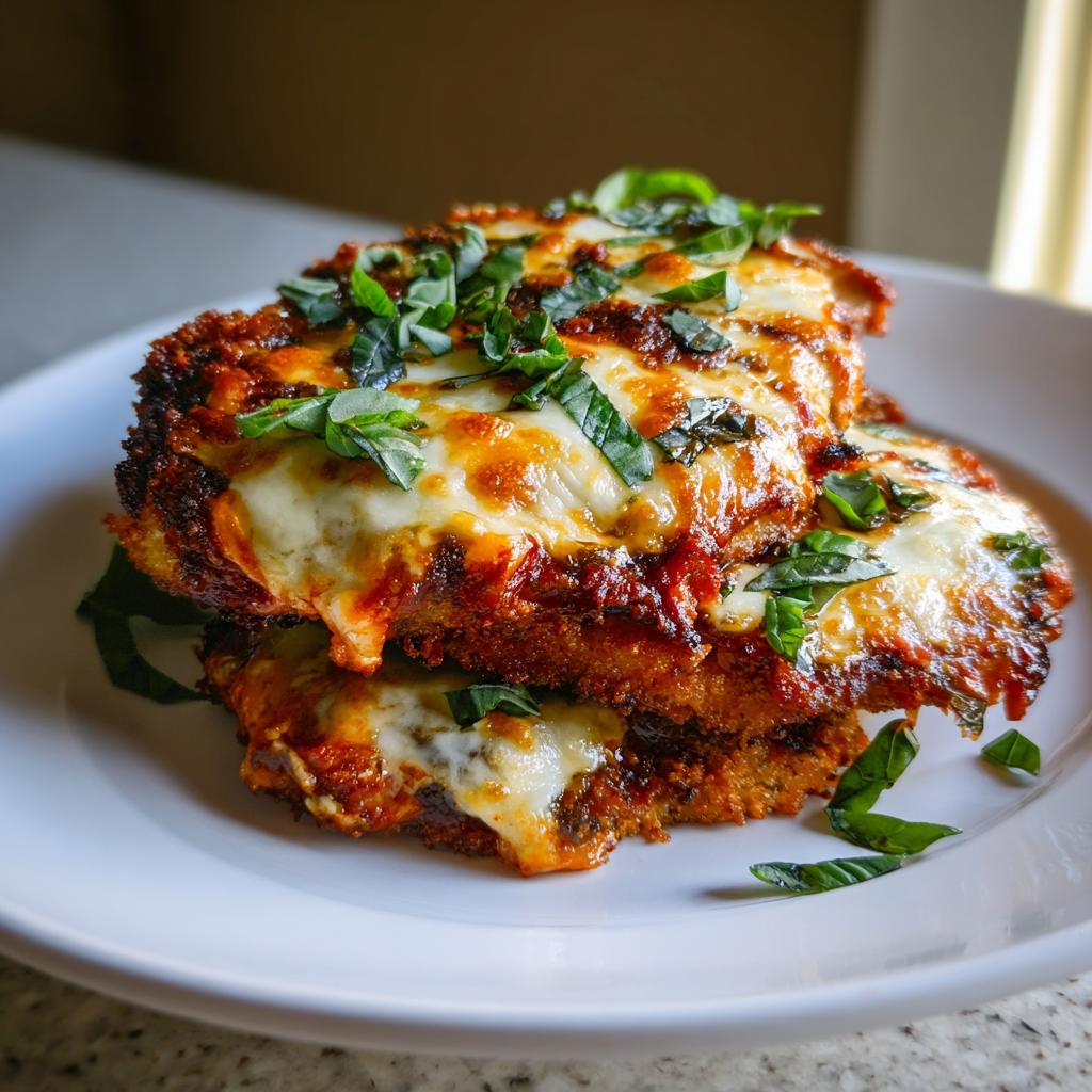 Close-up of crispy eggplant parmesan topped with melted cheese and fresh basil on a white plate