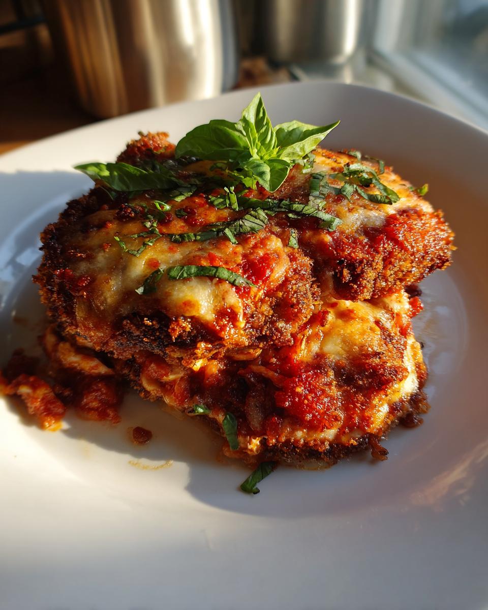 Close-up of crispy eggplant parmesan garnished with fresh basil on a white plate.