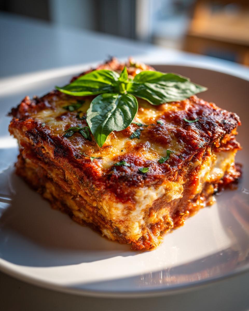 A close-up of a crispy eggplant parmesan slice topped with fresh basil on a white plate.
