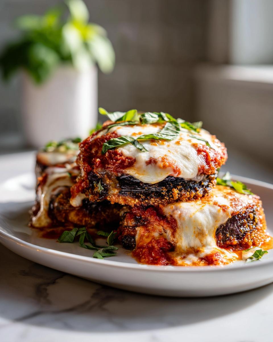 Close-up of stacked crispy eggplant parmesan topped with melted cheese, marinara sauce, and basil.