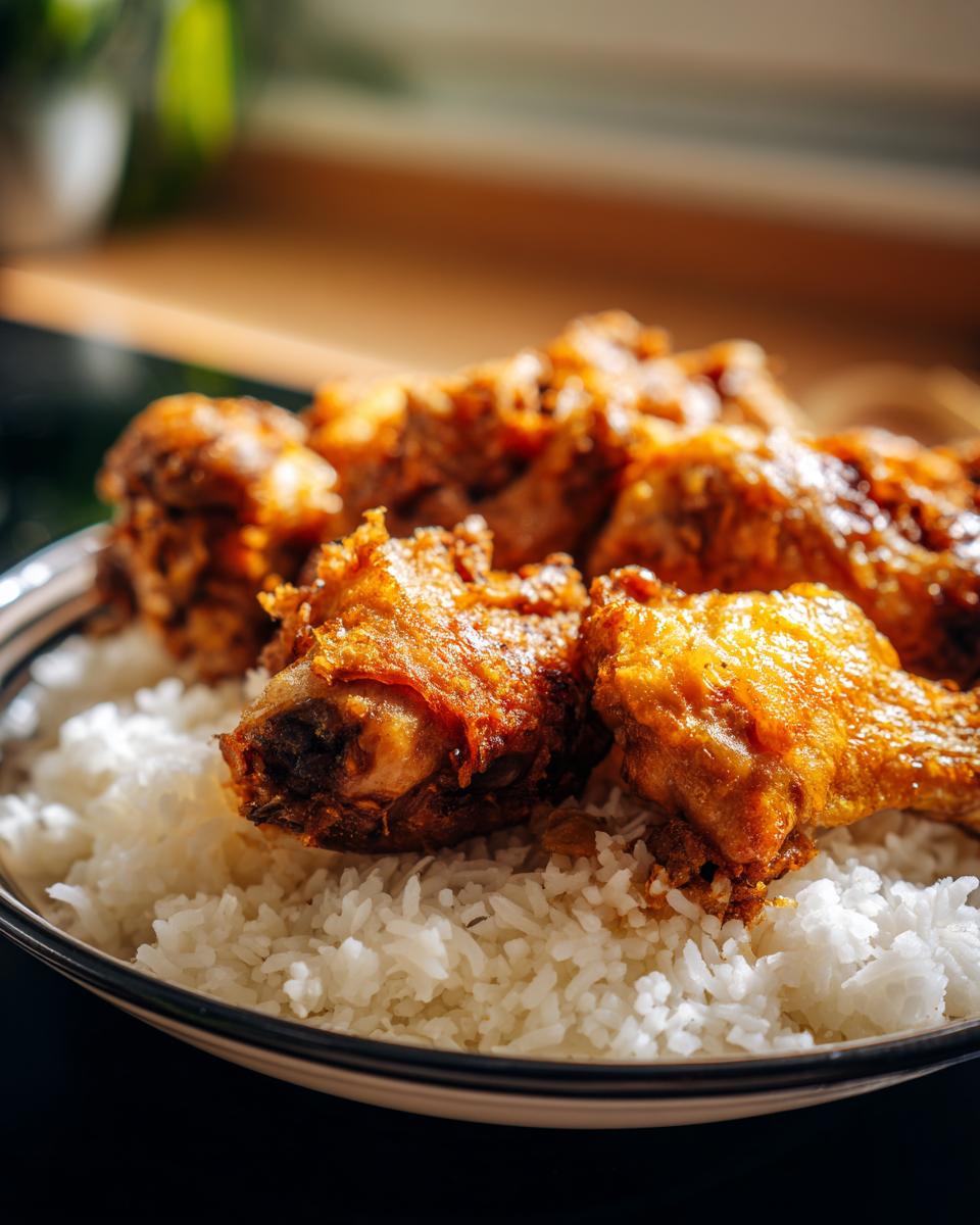 Plate of crispy fried chicken pieces served on a bed of white rice for chicken rice dinner.