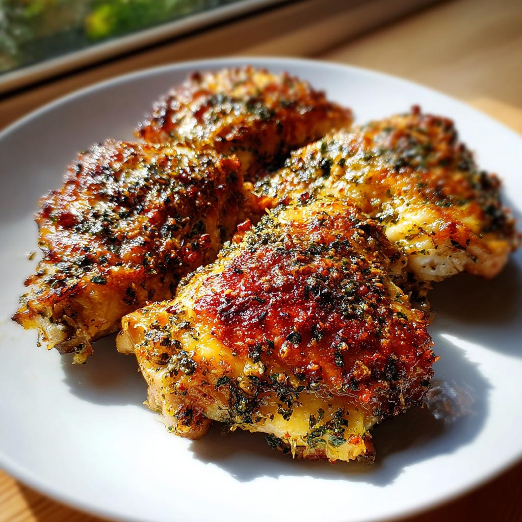 Close-up of herb roasted chicken with garlic parmesan on a white plate.