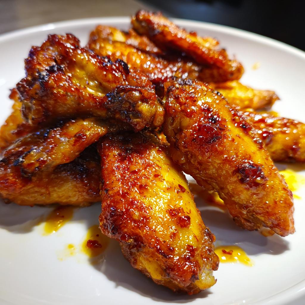 Close-up of crispy honey garlic chicken wings baked and glazed with sauce on a white plate.