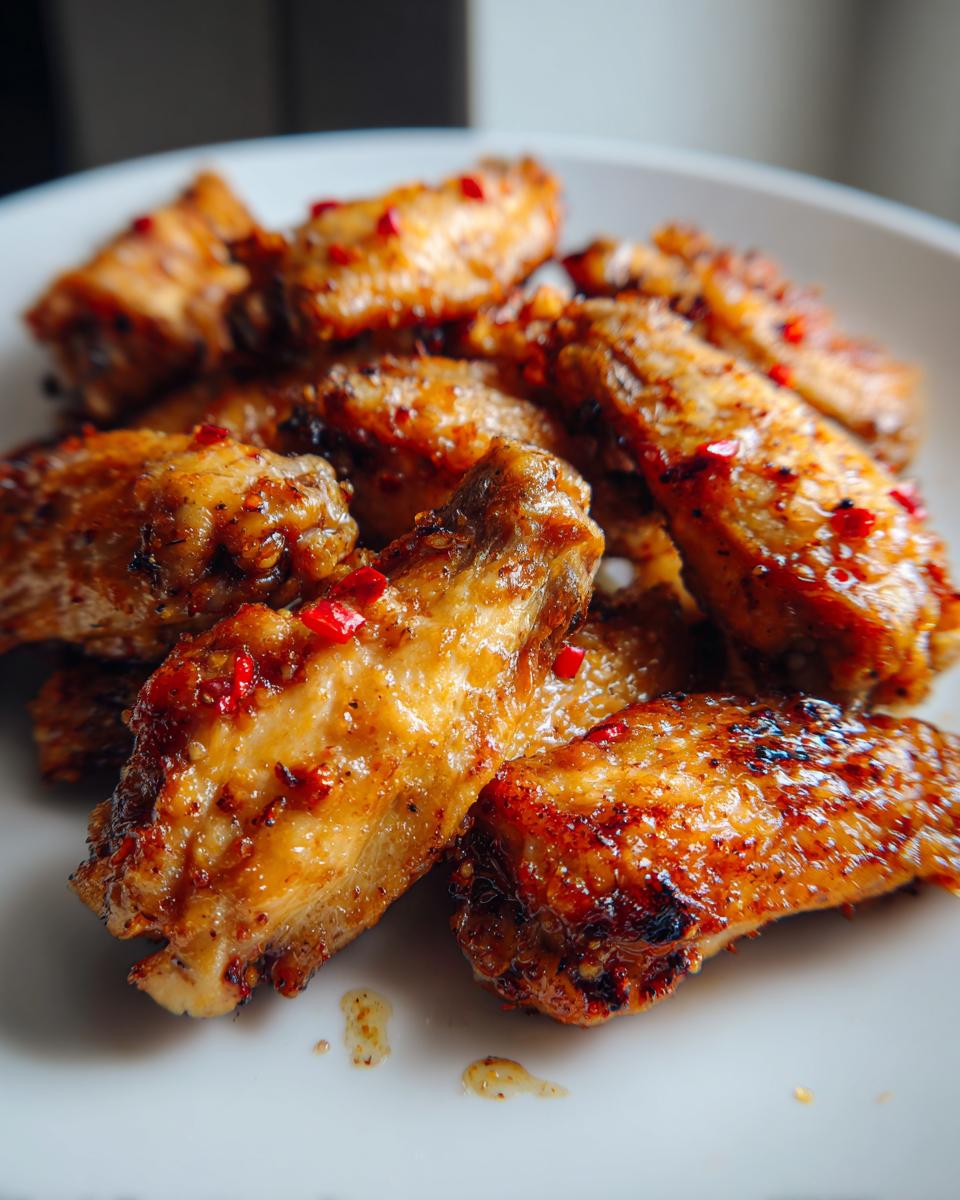 Golden crispy honey garlic chicken wings baked, garnished with red chili flakes on a white plate.