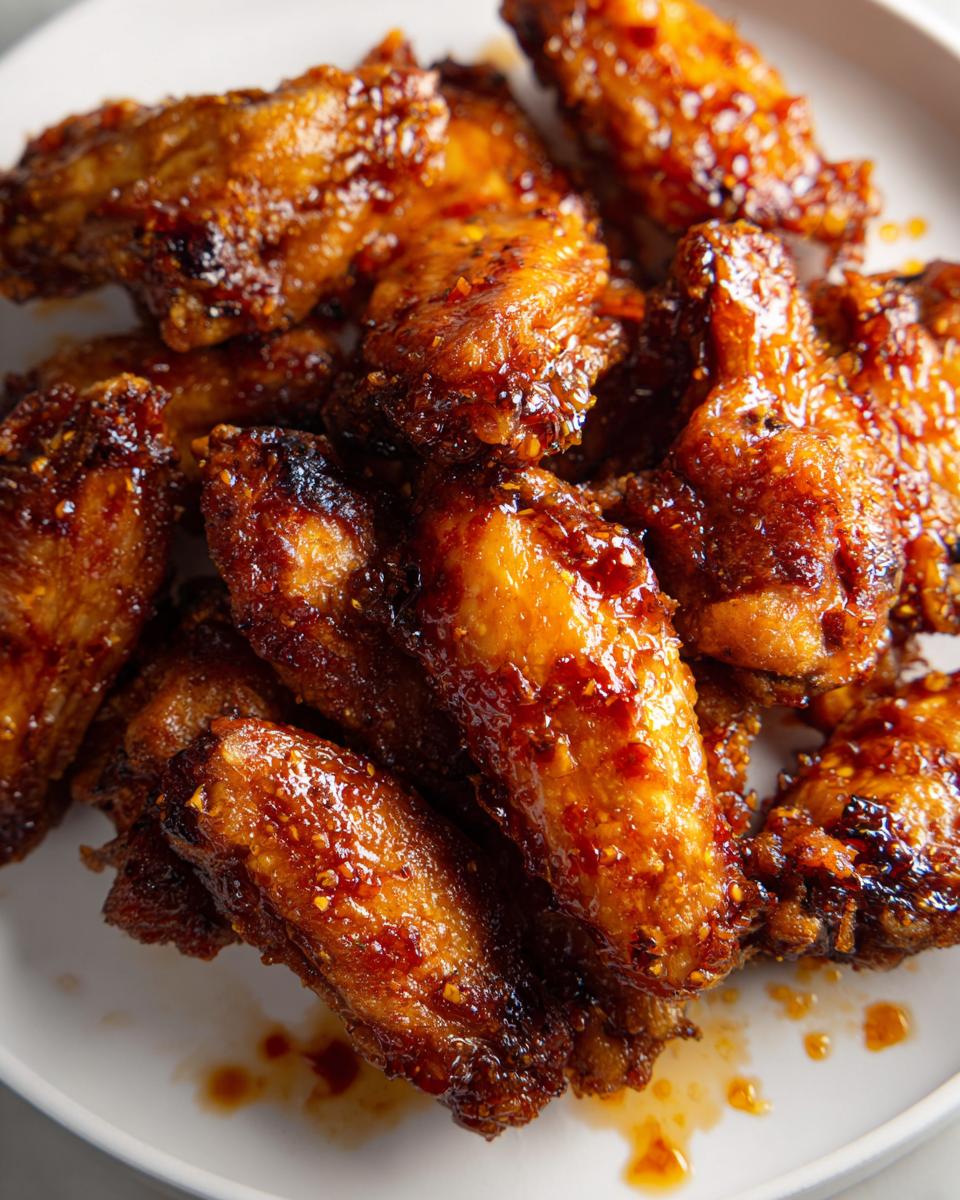 Close-up of crispy honey garlic chicken wings baked and coated with a glossy sauce on a white plate.
