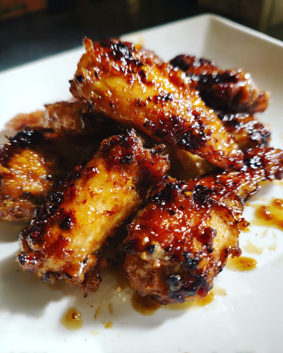 Close-up of crispy honey garlic chicken wings baked and glazed on a white plate